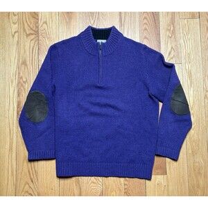 LL Bean Quarter Wool Zip Pullover Sweater Mens L Purple Long Sleeve Elbow Patch